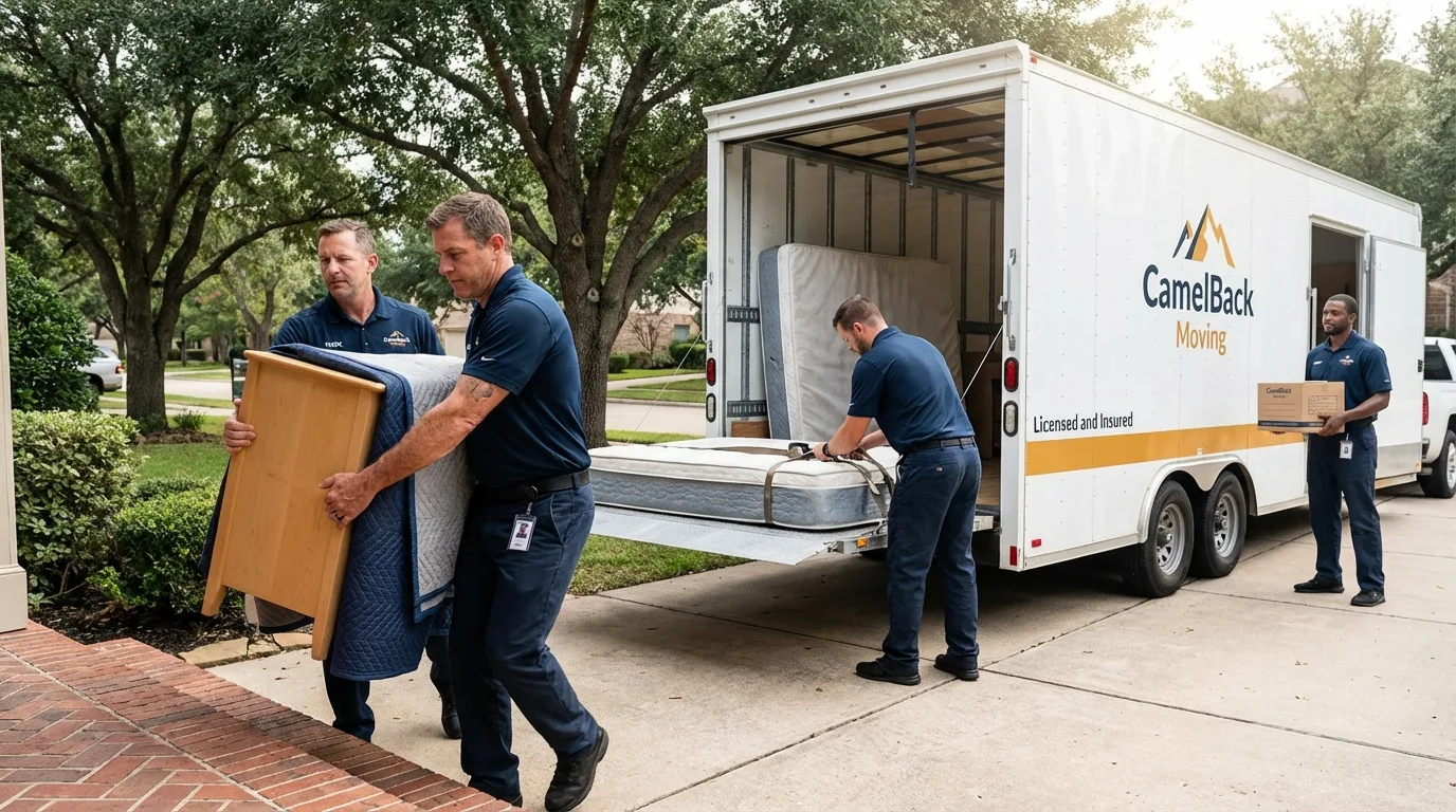 Crew loading residential truck for cross-state move from Redwater, TX