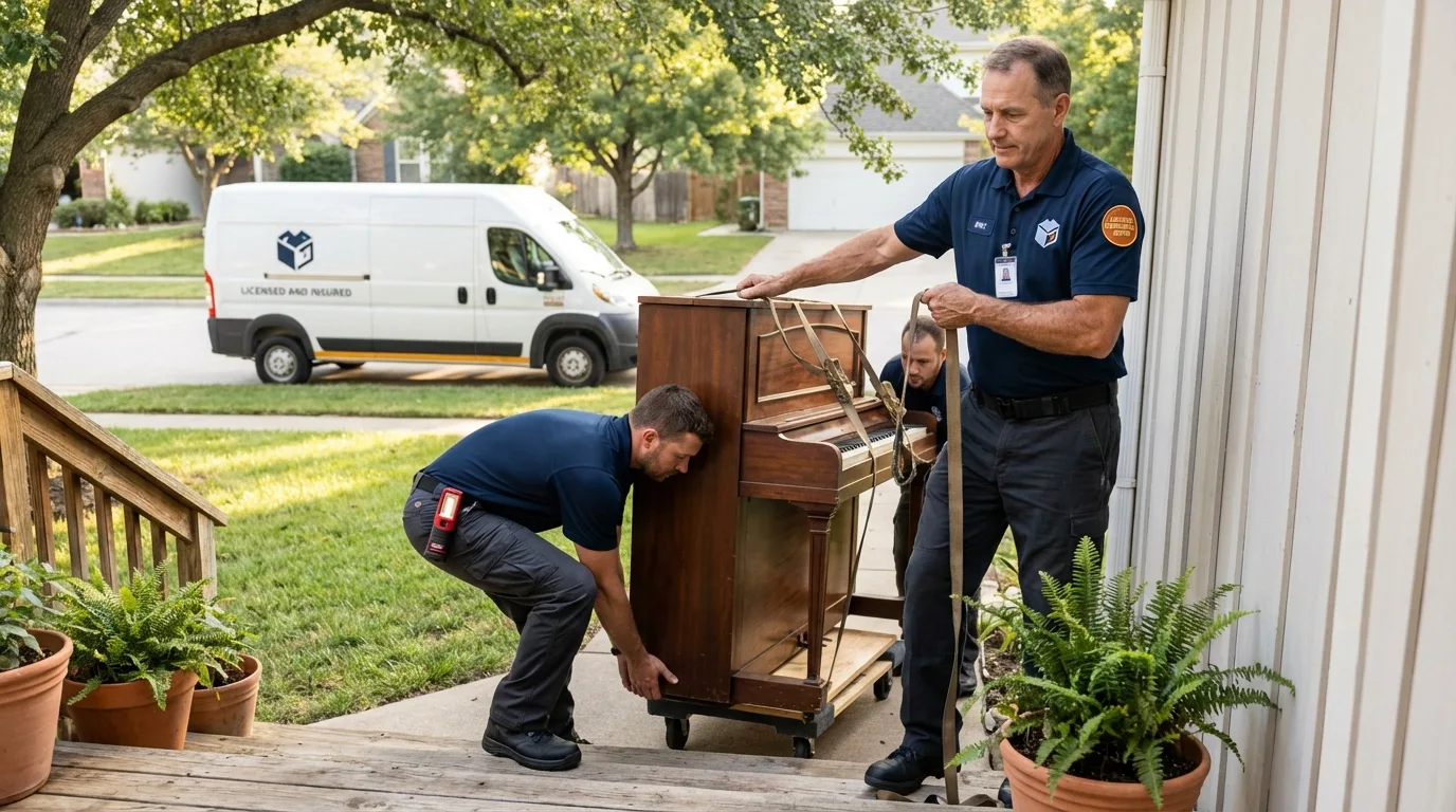 Licensed piano movers securing grand piano in Redwater, TX