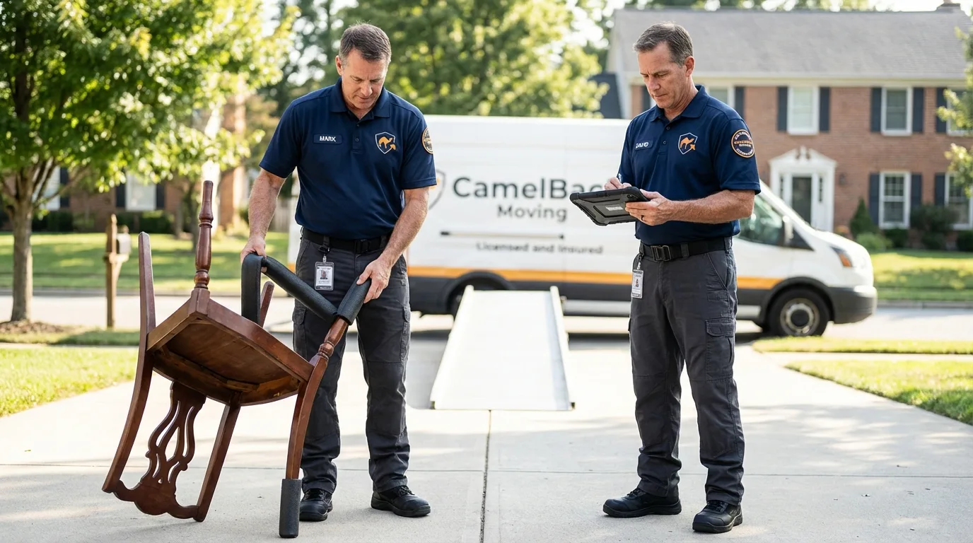 Movers inspecting furniture for damage prevention before loading in Redwater, TX