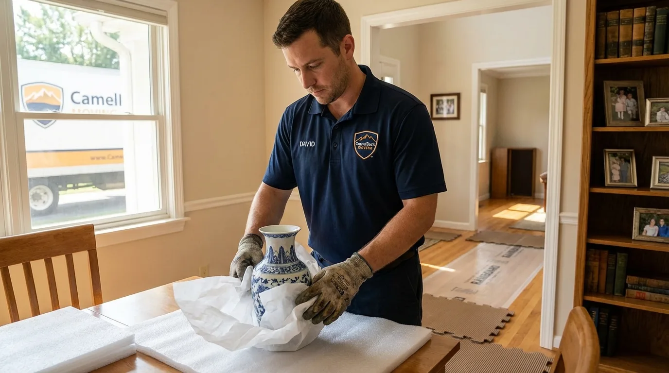 Professional crew carefully wrapping antique vase for senior downsizing move in Redwater, TX